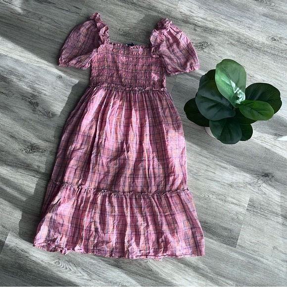 Vineyard Vines‎ Dress Pink Plaid Cotton Smocked Puff Sleeve Dress Girls L (14) - Picture 7 of 8